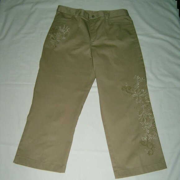 Rafaella Embroidered Tan Cropped Pants Sz 10 - Picture 1 of 5